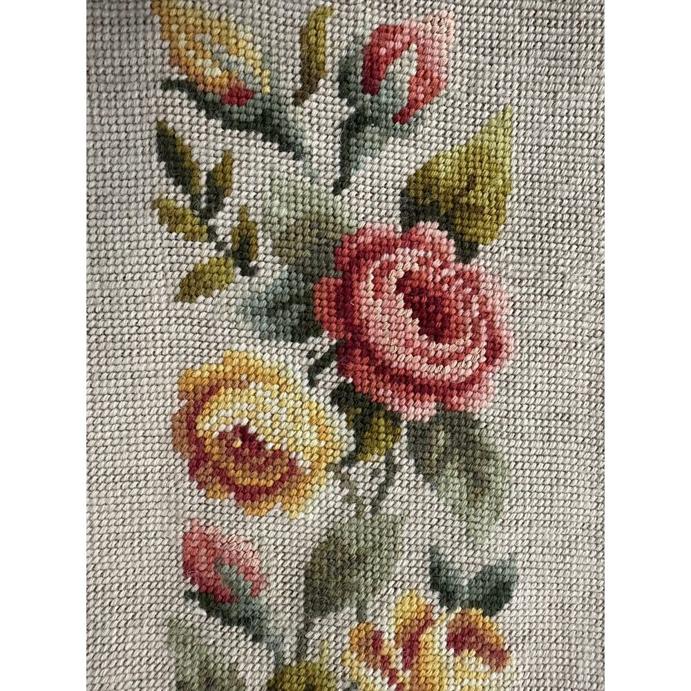 Vintage Needlepoint Tapestry Bell Pull W/Brass Hardware floral roses pink beige